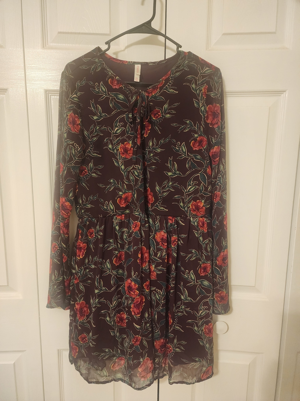 Xhilaration Burgundy Floral Tie-Neck Long Sleeve Dress